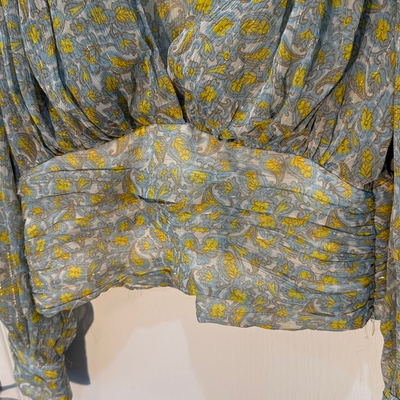 Zara Women's Floral Blouse - Gray and Yellow Metallic Thread V Neck Cummerbund M - Picture 5 of 9